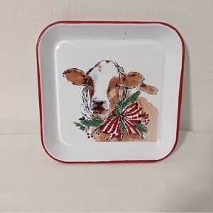 Robert Stanley Christmas Pine Lodge Metal Serving Square Platter Farm Cow Red